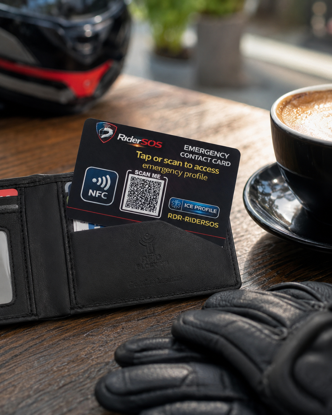 RiderSOS Emergency Contact Card next to a coffee and motorcycle helmet